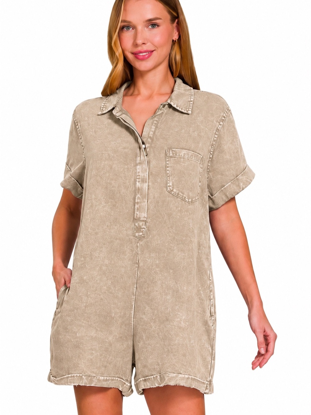 NIP Acid Washed Sand Taupe Short Sleeve Romper